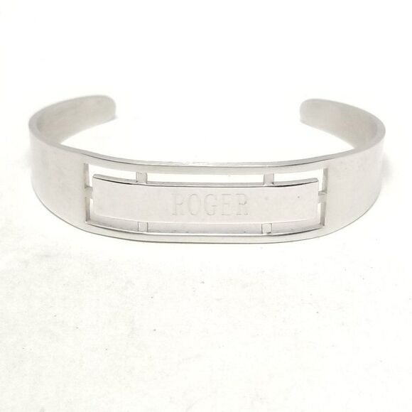 Vintage Roger Engrave Silver Tone Cuff ID Bangle Bracelet, Unisex Style, Estate - Picture 5 of 5